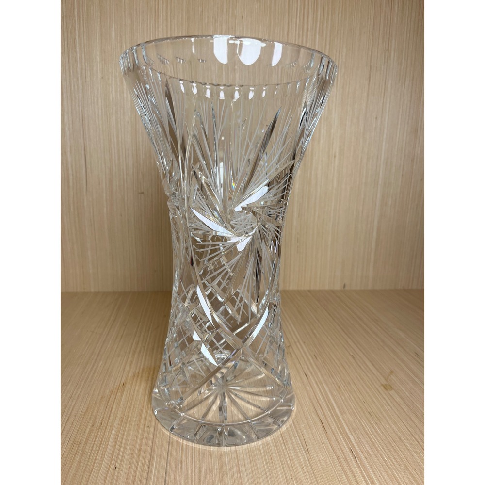 Vintage Bohemian Crystalex Cut Glass Vase Pinwheel Starburst Clear Crystal 12in